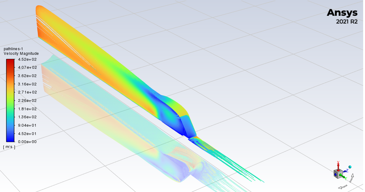 Velocity streamline visualization of transonic flow separating over the deployed air-brake flap