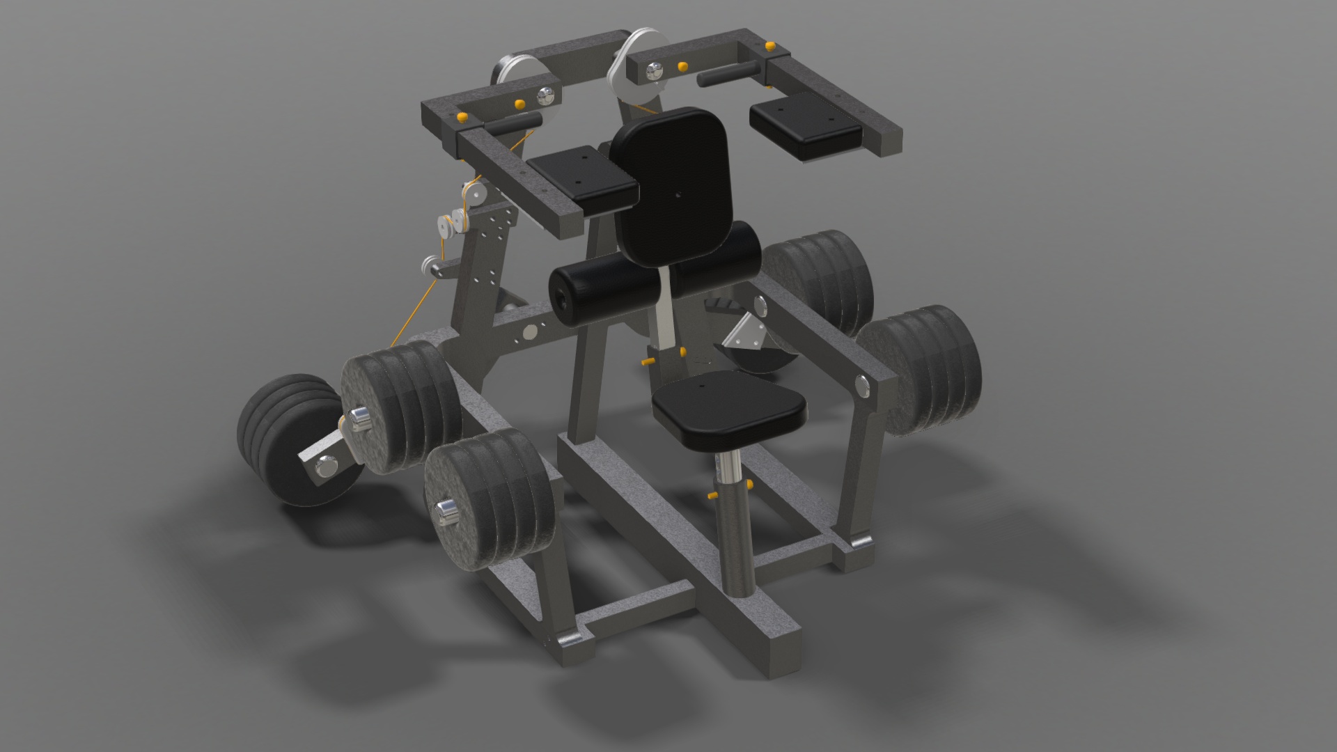 Photorealistic CAD render of the complete lat adduction machine, loaded with weight plates
