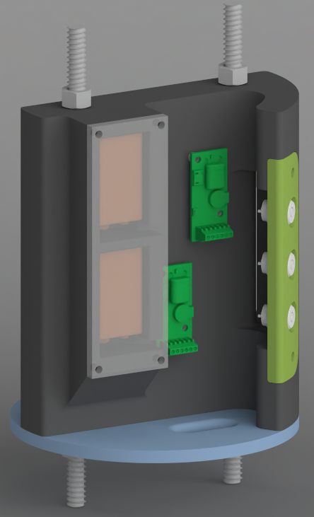 CAD render of the avionics bay altimeter face with two Featherweight Blue Raven boards, two 9V batteries, and the detachable key-switch mount