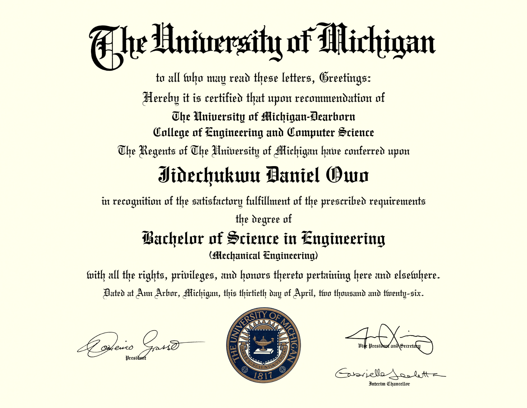 University of Michigan diploma: Bachelor of Science in Engineering (Mechanical Engineering) conferred upon Jidechukwu Daniel Owo, dated April 30, 2026