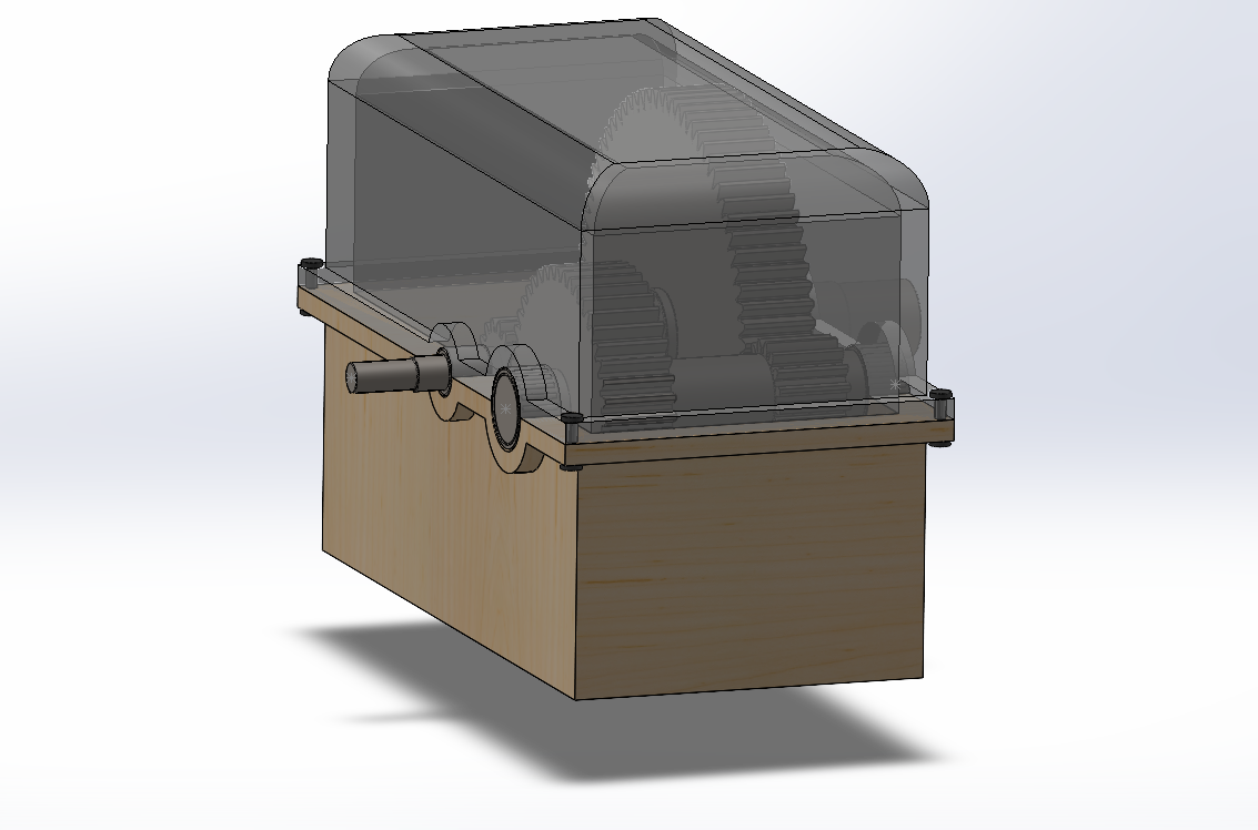 CAD render of the complete gearbox assembly with housing