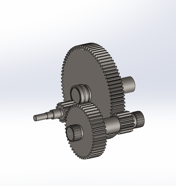 CAD render of the two-stage gear train with four gears and three shafts