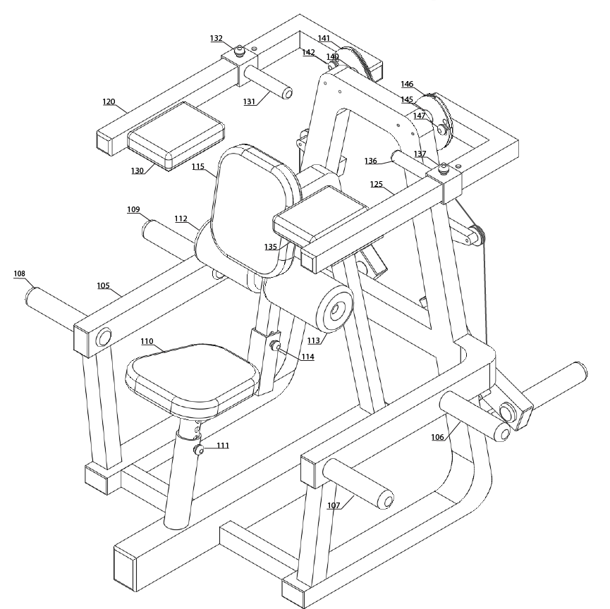 Patent line drawing of the machine in isometric view with numbered component callouts