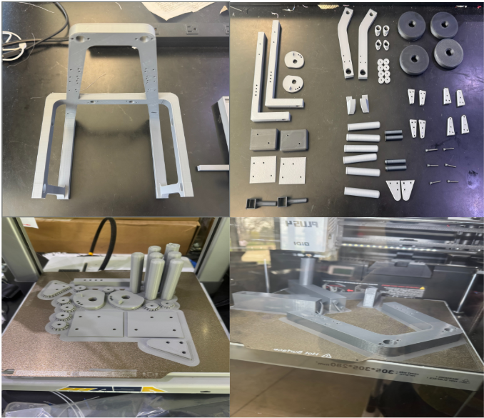 Array of 3D-printed components: frame halves, pulleys, pads, pins