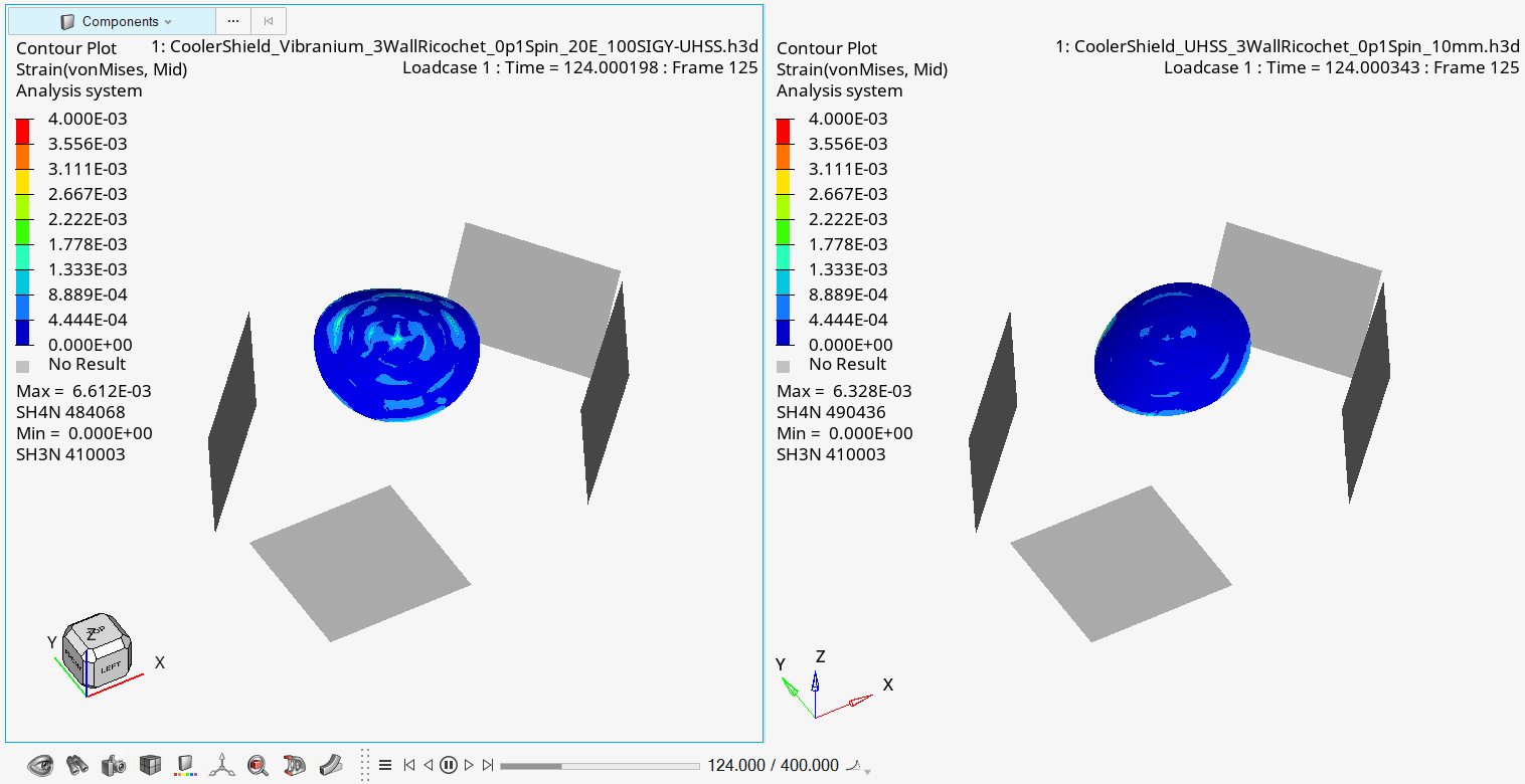 Animated Radioss strain comparison of the vibranium-calibrated shield versus UHSS during a three-wall ricochet